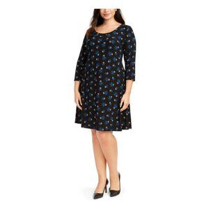 Anne Klein Woman Black Spruce Floral 3/4 Sleeve Fit & Flare Dress